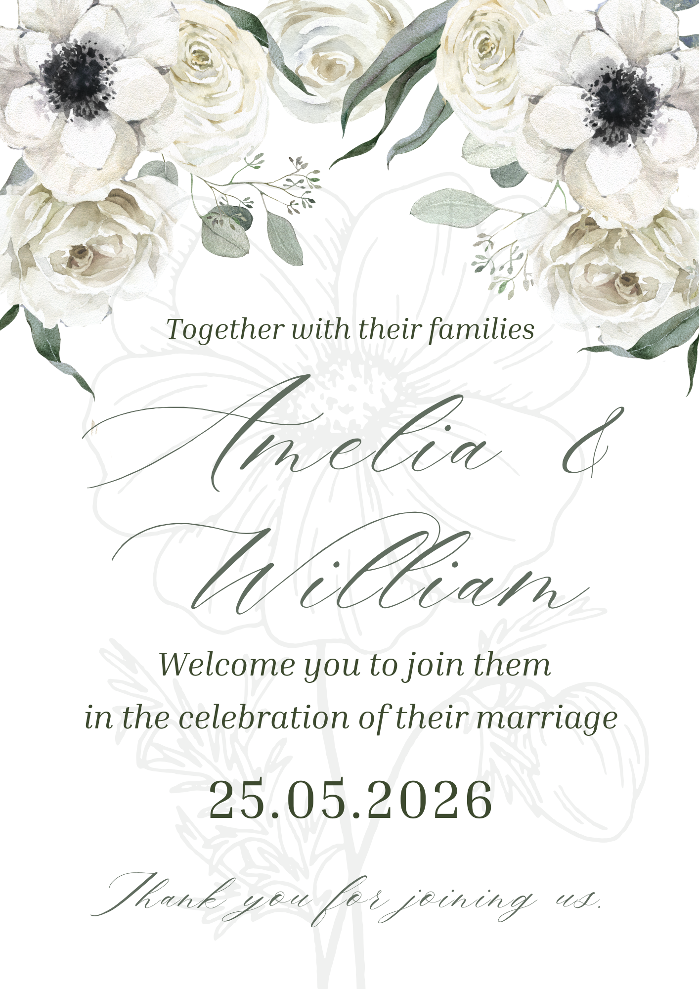White, Green & Black Anemone Floral Design Wedding Welcome Sign