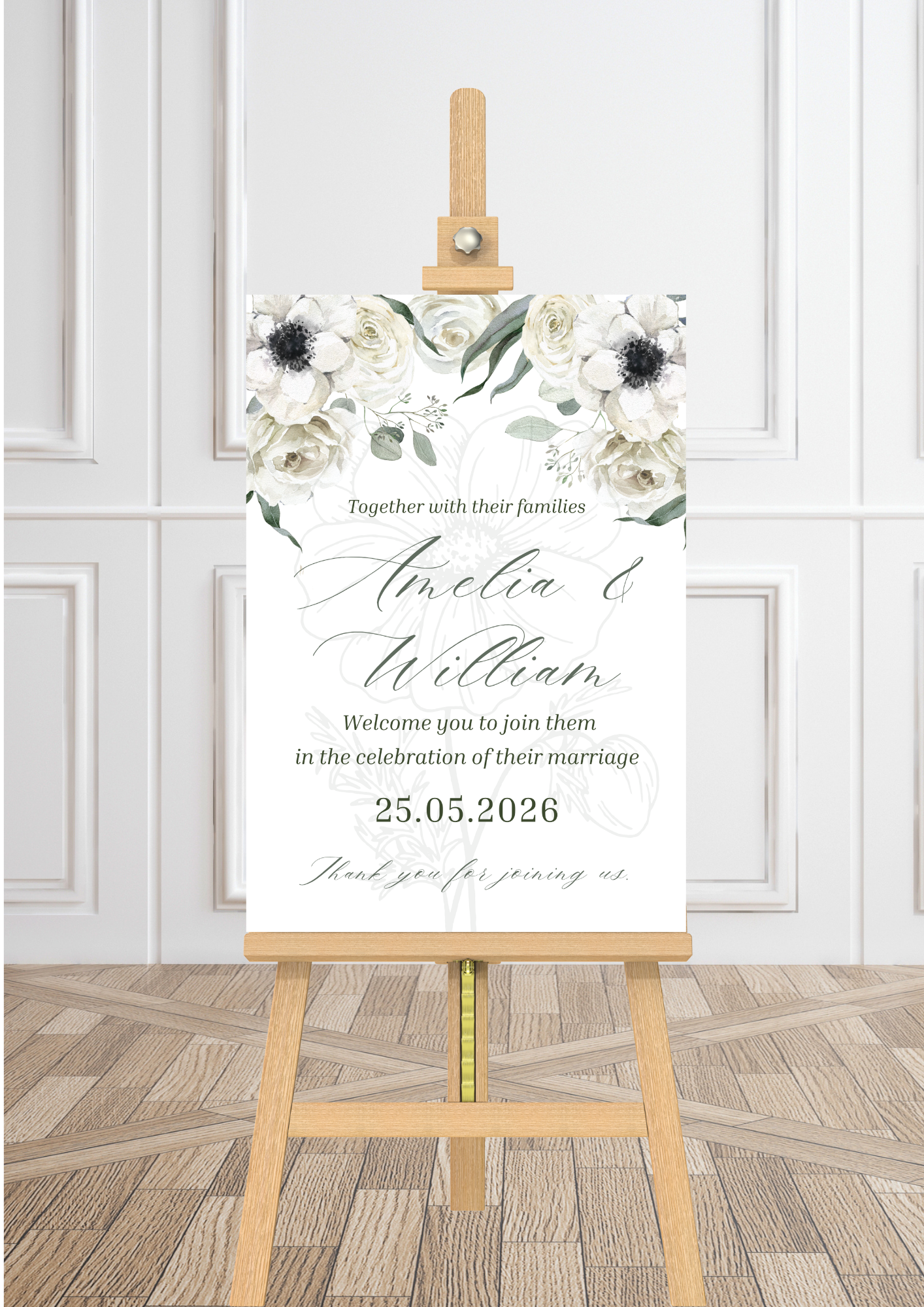 White, Green & Black Anemone Floral Design Wedding Welcome Sign