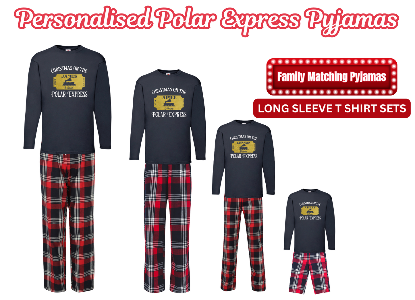 Matching Personalised Christmas Long Sleeve T Shirt Pyjama's - Polar Express Themed - CreationPartyShop