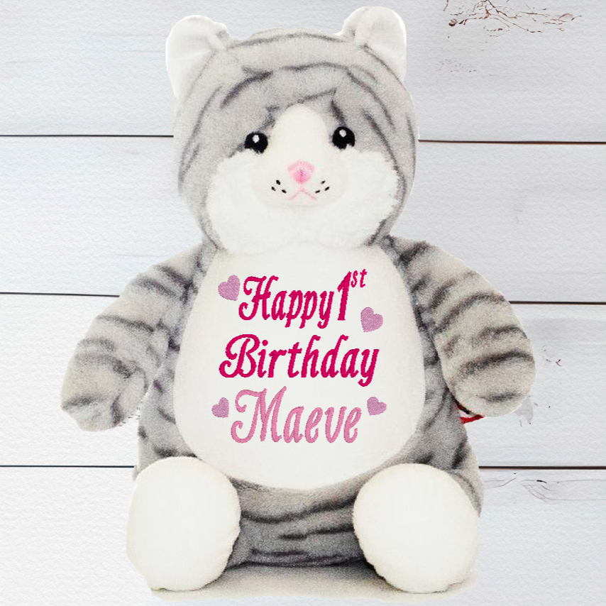 Katniss the Cat has a unique zip design which enables you to remove the inside stuffing pods and safely wash. Starflower is Machine washable. You can also fill Katniss with PJs etc and use them for a sleep over. Katniss the Cat Bear is around 13 Inches in height.