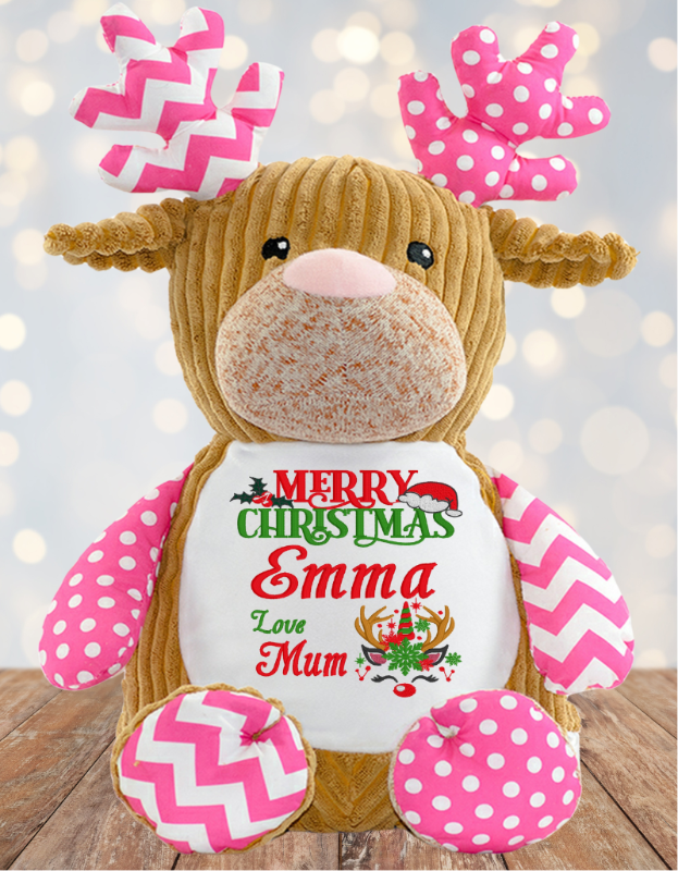 Personalised Embroidery Christmas Cubbies Pink Reindeer Teddy Bear