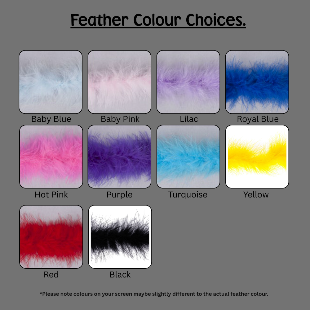 Feather trim colour choices with swatches labeled.