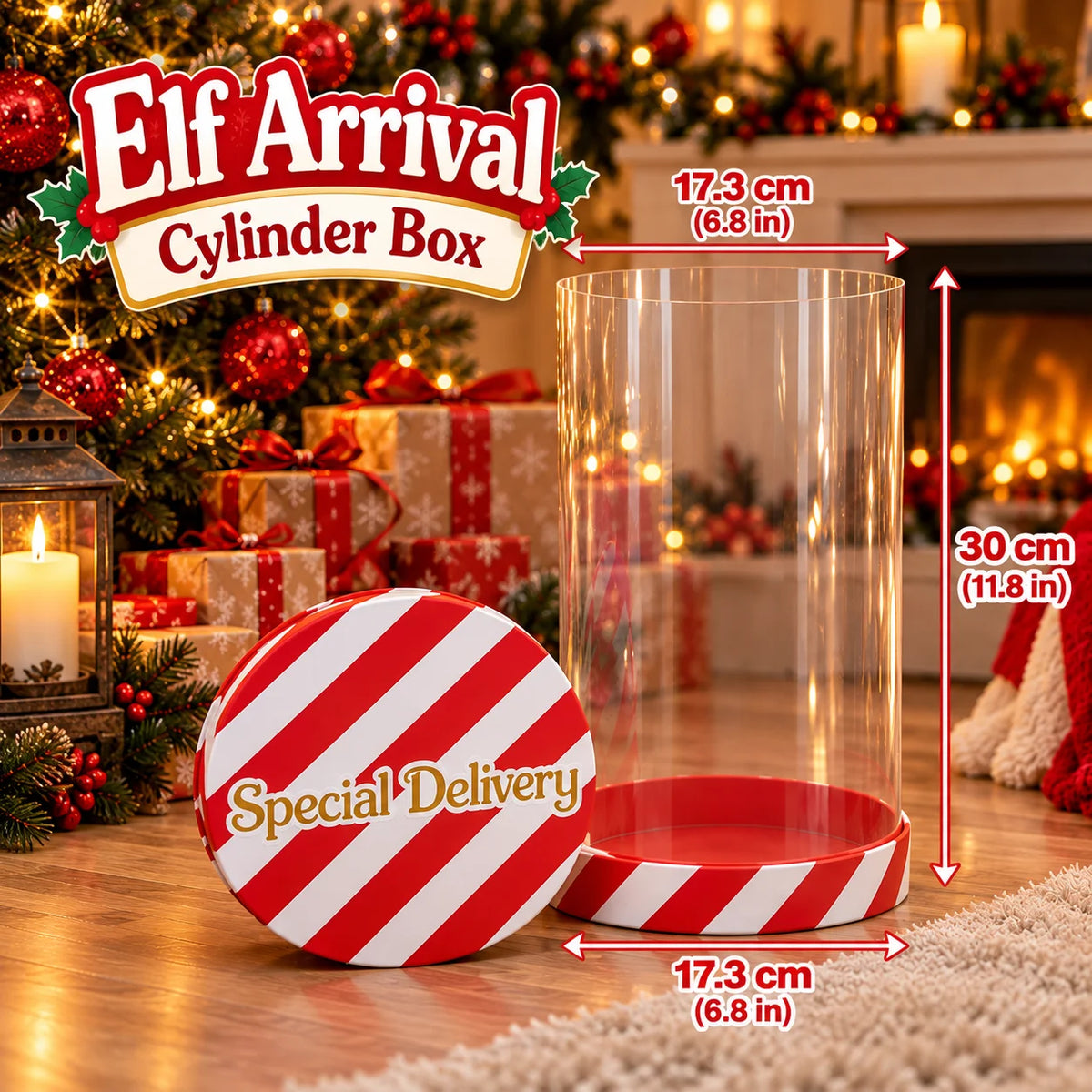 Elf Arrival Cylinder Box measuring 17.3cm diameter and 30cm high