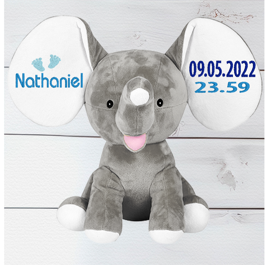 Meet Dexter the Grey Elephant our soft and huggable teddy bear has a grey body and big white and grey ear, cute trunk. We can embroider any wording or a design of your choice. All our embroidery is carried out at our premises in St Helens.