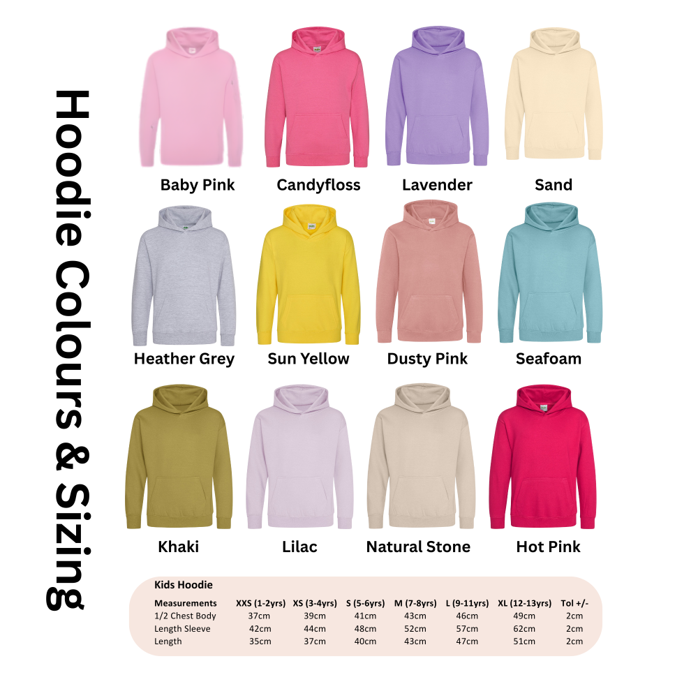 Chart showing various hoodie colors and sizing options with corresponding measurements.