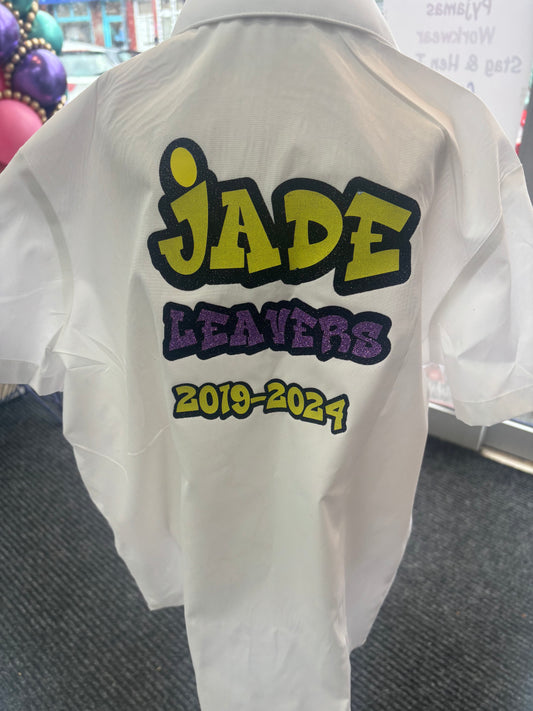 Personalised Glitter & Diamante School Leavers Signing Shirts for Class Year 2024 Children. A beautiful Keepsake of Memories from the Last Day Of School. This listing is for Yellow & Purple Graffiti Font - Your name in Yellow along with leavers and dates in purple glitter.