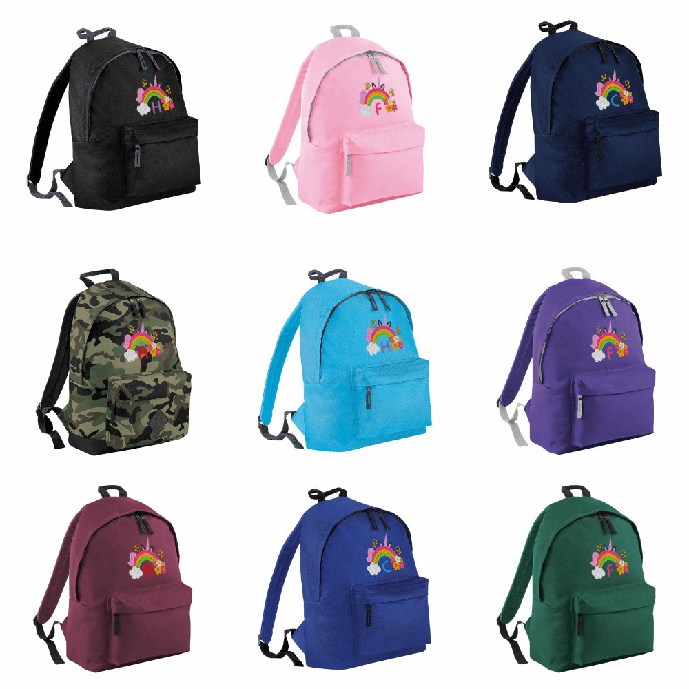 Introducing the fabulously fashionable, junior-sized Personalised Embroidery Junior School Backpack! It's got it all: a nifty zippered front pocket, extra-cushy back panel and adjustable shoulder straps, plus a handy grab handle to boot!
Embroidery Rainbow Unicorn & Initial design with a choices of font designs and colour.
Choose between 9 colours - Jet Black, Jungle Camo, Navy Blue, Pink, Sky Blue, Purple, Burgundy, Royal Blue & Bottle Green.
