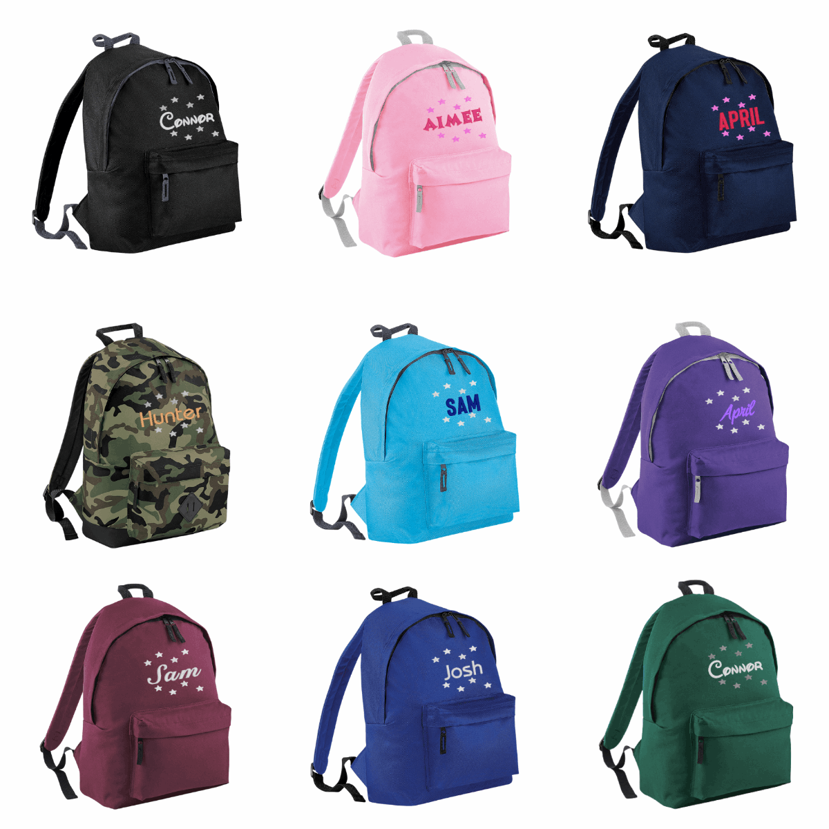 Introducing the fabulously fashionable, junior-sized Personalised Embroidery Junior School Backpack! It's got it all: a nifty zippered front pocket, extra-cushy back panel and adjustable shoulder straps, plus a handy grab handle to boot!
Embroidery Stars Around & Name design with a choices of font designs and colour.
Choose between 9 colours - Jet Black, Jungle Camo, Navy Blue, Pink, Sky Blue, Purple, Burgundy, Royal Blue & Bottle Green.