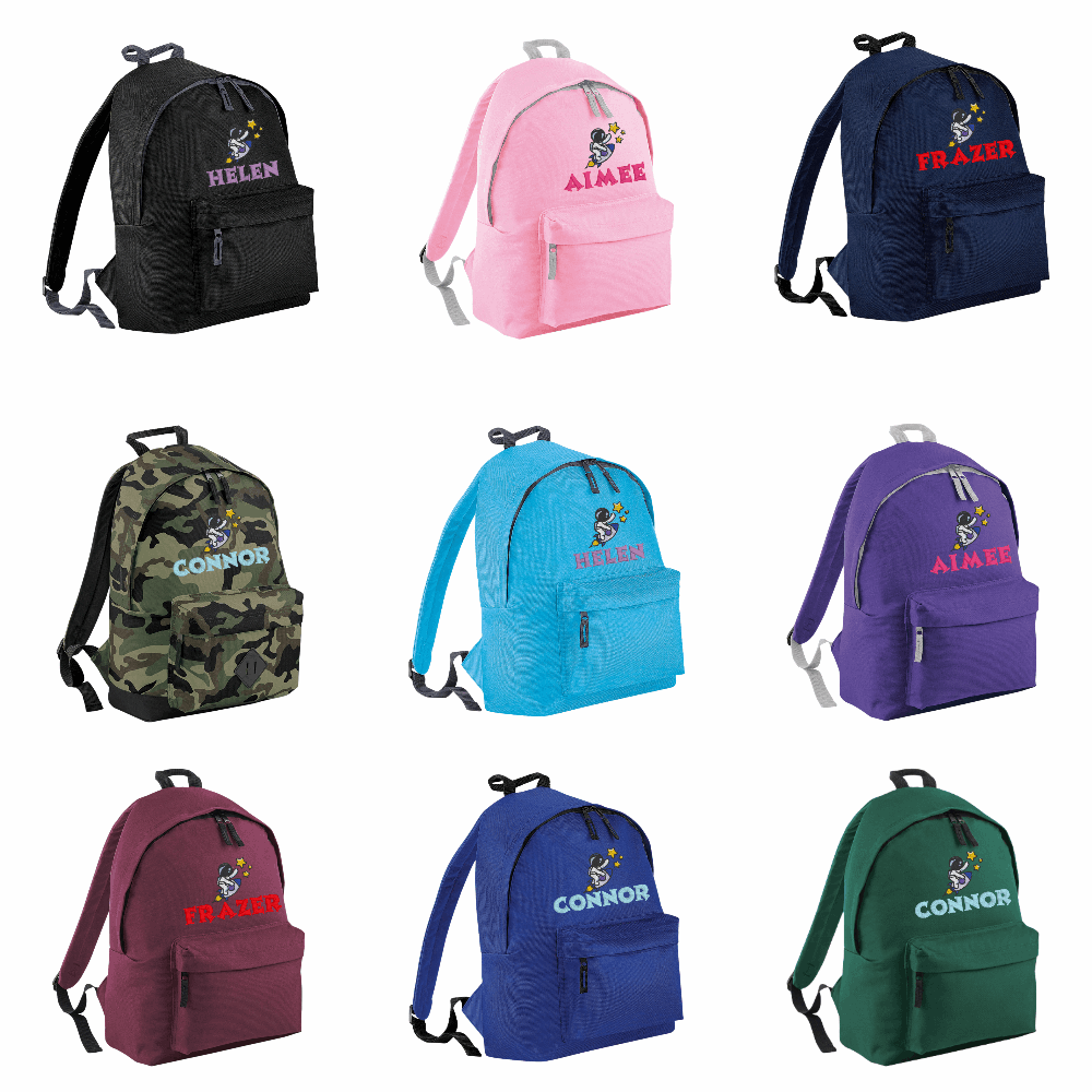 Introducing the fabulously fashionable, junior-sized Personalised Embroidery Junior School Backpack! It's got it all: a nifty zippered front pocket, extra-cushy back panel and adjustable shoulder straps, plus a handy grab handle to boot!
Embroidery Astronaut & Initial design with a choices of font designs and colour.
Choose between 9 colours - Jet Black, Jungle Camo, Navy Blue, Pink, Sky Blue, Purple, Burgundy, Royal Blue & Bottle Green.