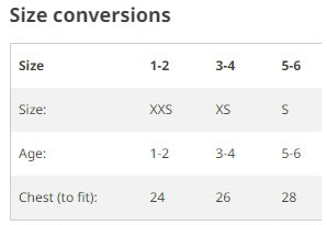 Size chart for baby and toddler hoodies showing size conversions between age ranges and chest measurements.