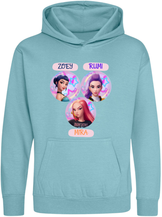 Step into the world of K-Pop Demon Hunters with our Saja Girls Children’s Hoodies, inspired by Zoey, Rumi, and Mira — the ultimate trio of style, confidence, and girl power!
