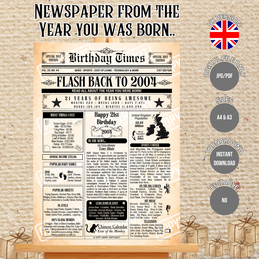 Personalised birthday times print featuring interesting and fun facts from the year you were born. This poster is for Age 21 born in 2004.
Please note you purchasing a Digital Download only, no physical item will be issued. You will receive a download link for the files A4 size and A3 size for instant download.