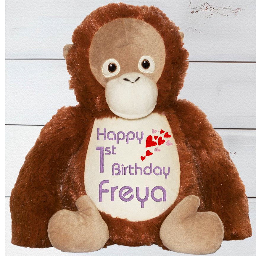 Oobiedoo the Orangutan has a unique zip design which enables you to remove the inside stuffing pods and safely wash in the Machine washable. You can also fill Oobiedoo with PJs etc and use them for a sleep over. Oobiedoo the Orangutan is around 13 Inches in height.