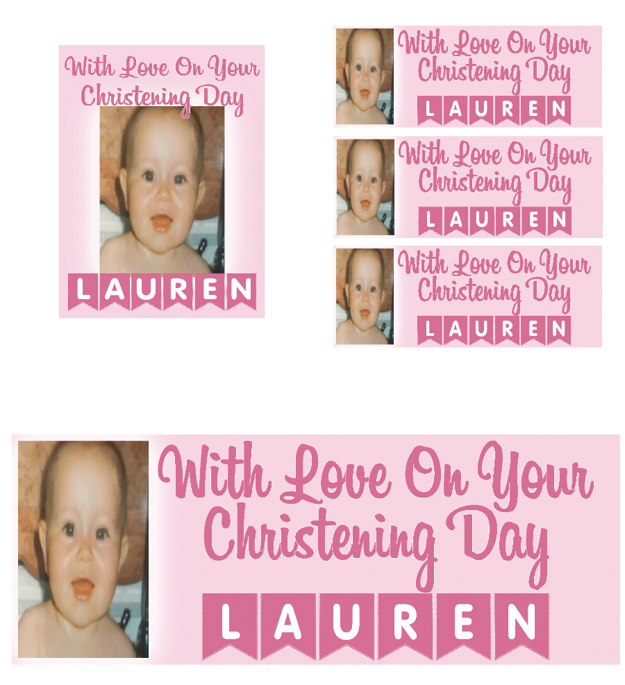 Make your little one's Christening Day a celebration to remember with our personalised photo banners and posters!({Cue gasp of delight!}) Upload a photo to make it extra special, and choose from various colours to customize a bunting with their name spelt out. Let the PARTY begin! Our customisable Christening banners and posters can be personalised with any name, colour.