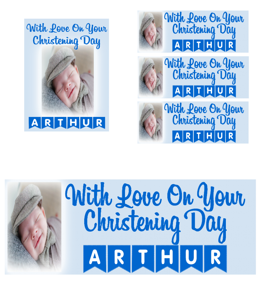 Make your little one's Christening Day a celebration to remember with our personalised photo banners and posters!({Cue gasp of delight!}) Upload a photo to make it extra special, and choose from various colours to customize a bunting with their name spelt out. Let the PARTY begin! Our customisable Christening banners and posters can be personalised with any name, colour.