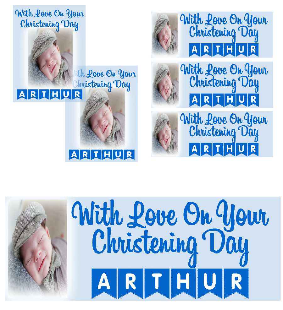 Make your little one's Christening Day a celebration to remember with our personalised photo banners and posters!({Cue gasp of delight!}) Upload a photo to make it extra special, and choose from various colours to customize a bunting with their name spelt out. Let the PARTY begin! Our customisable Christening banners and posters can be personalised with any name, colour.