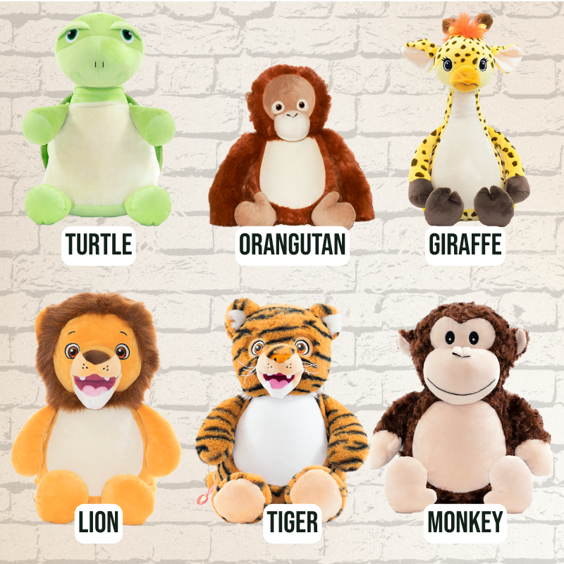 Plush toys including a turtle, orangutan, giraffe, lion, tiger, and monkey which can be personalised with embroidery.