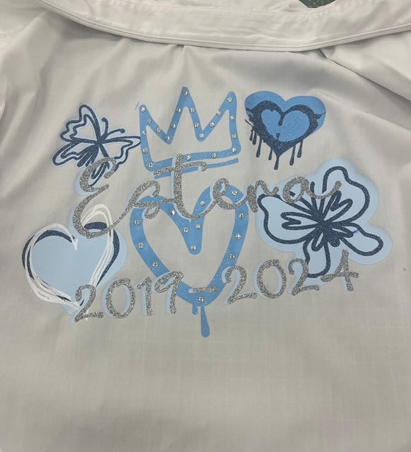 Personalised Glitter; Diamante School Leavers Signing Shirts Baby Blue for Class Year 2026 Children.  A beautiful Keepsake of Memories from the Last Day Of School.  This listing offers a unique personalized glitter and diamante layered design with Diamanté Crown & Heart, Butterflies and Graffiti Hearts, complete with your name and leavers dates. Feel like royalty on your special day with the stunning crown, hearts, and butterflies designs. We offer a range of colour schemes for your shirt.