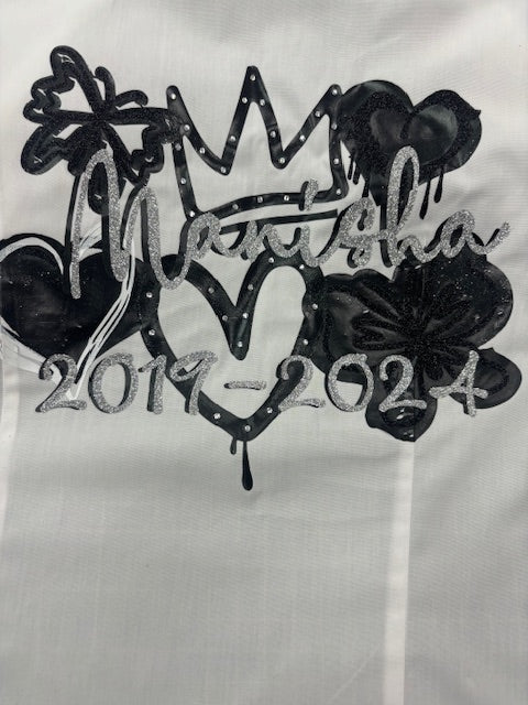 Personalised Glitter; Diamante School Leavers Signing Shirts Black & Silver for Class Year 2026 Children.  A beautiful Keepsake of Memories from the Last Day Of School.  This listing offers a unique personalized glitter and diamante layered design with Diamanté Crown & Heart, Butterflies and Graffiti Hearts, complete with your name and leavers dates. Feel like royalty on your special day with the stunning crown, hearts, and butterflies designs. We offer a range of colour schemes for your shirt.
