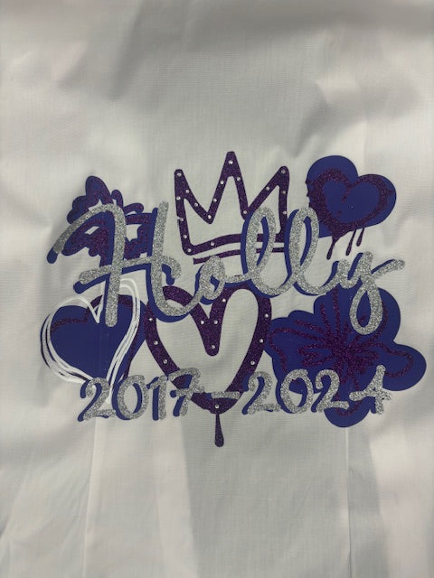 Personalised Glitter; Diamante School Leavers Signing Shirts Purple & Silver Glitter for Class Year 2026 Children.  A beautiful Keepsake of Memories from the Last Day Of School.  This listing offers a unique personalized glitter and diamante layered design with Diamanté Crown & Heart, Butterflies and Graffiti Hearts, complete with your name and leavers dates. Feel like royalty on your special day with the stunning crown, hearts, and butterflies designs. We offer a range of colour schemes for your shirt.