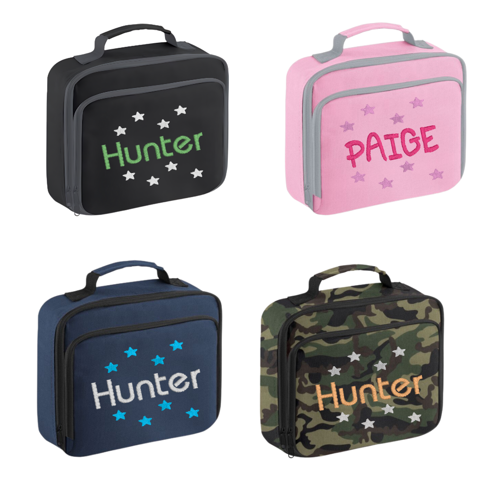 Personalised Lunch Box Cooler. Jet Black, Jungle Camo, Navy Blue, Pretty in Pink! Personalisation embroidery comes complimentary