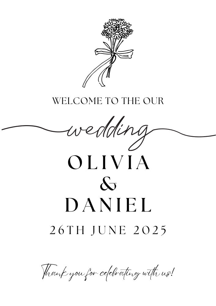 Explore our stunning Black Elegant Minimalist Personalised Wedding welcome sign available in A1, A2, and A3 sizes, crafted from durable Foamex or elegant 600gsm Card. 