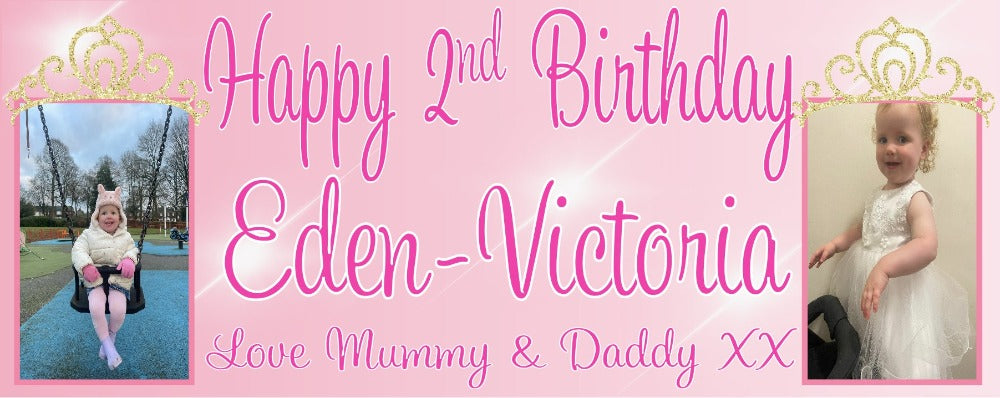 Personalised Princess Themed Birthday Party Photo Banners & Posters, featuring a combination of two images on the banners & one image on posters. Our customisable banners and posters can be personalised with any age, name and images.