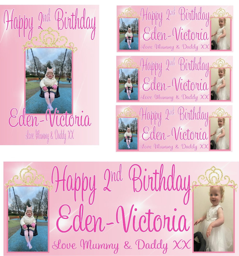 Personalised Princess Themed Birthday Party Photo Banners & Posters, featuring a combination of two images on the banners & one image on posters. Our customisable banners and posters can be personalised with any age, name and images.