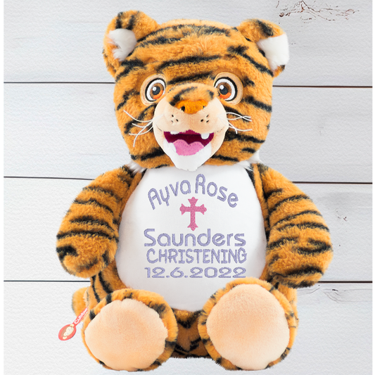 Zippity-doo-dah! With Shah the Tiger, you can undo the zip design and removable stuffing pods to give him an easy-peasy washing. He's machine washable and the perfect size for a sleepover, so you can stuff him full of PJs and whatever else you might need! This purr-fect teddy measures 13 inches in height. Personalise your teddy bear by selecting from one of our themed designs. 