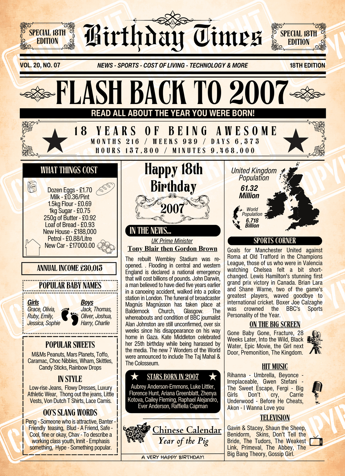 Age 18 - British Version Newspaper Poster from the Year you were born, What happened in 2007