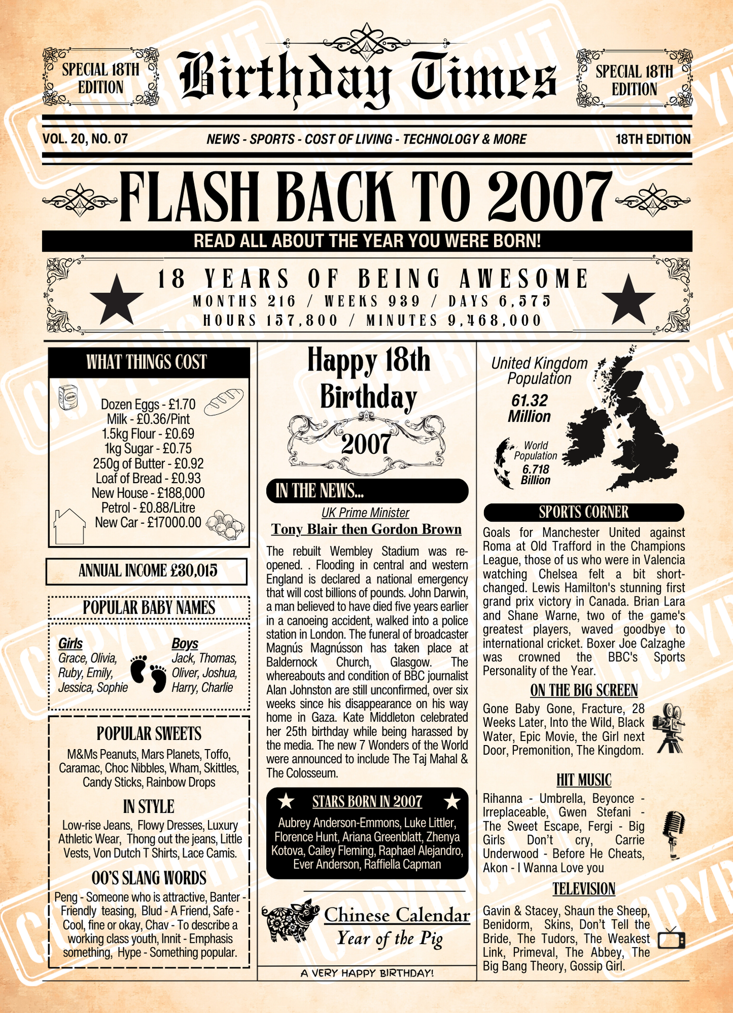 Age 18 - British Version Newspaper Poster from the Year you were born, What happened in 2007