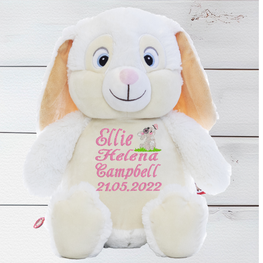 Meet Clovis the White Bunny Rabbit our soft and huggable teddy bear has a white body with a fluffy tail, snuggly fur, large, floppy ears, cute chubby cheeks, and big blue eyes. Clovis the White Bunny Rabbit has a unique zip design which enables you to remove the inside stuffing pods and safely wash in the Machine washable. You can also fill Clovis with PJs etc and use them for a sleep over. Clovis the White Bunny Rabbit is around 13 Inches in height.