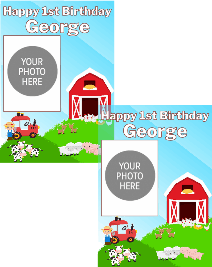Personalised birthday banners and posters featuring your fav farm animals. Farm yard animal theme birthday party photo banners posters "Add a playful touch to your little one's special day with our Farm Animal Themed Birthday Party Photo Banners & Posters - Any Age! These banners and posters featuring cute farm animals will make for some adorable photo ops and memories that will last a lifetime. So don't be a party pooper - add some barnyard fun to your celebration today!"