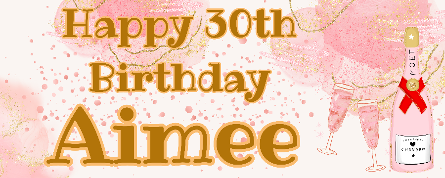 A personalized birthday banner with the text 'Happy 30th Birthday' and the name 'Aneeqa' on it, along with images of champagne and a red ribbon.