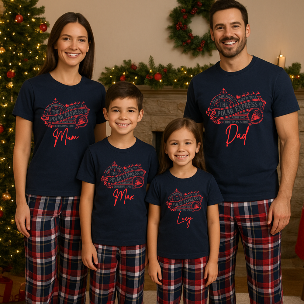 All Aboard the Festive Fun with Our Personalised Polar Express-Inspired Matching Family Pyjamas!
Create magical memories this Christmas with our customisable Matching Christmas PJ Sets, perfect for the whole family. Inspired by the beloved Polar Express, these cosy sets are made from 100% soft cotton for comfort and style all season long.