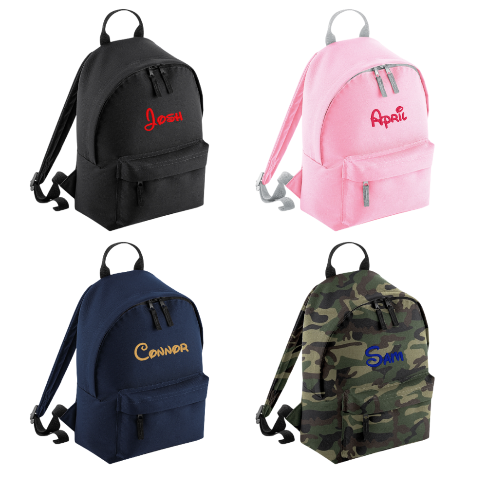Personalised mini rucksack, backpack . Jet Black, Jungle Camo, Navy Blue, Pretty in Pink! Personalisation embroidery comes complimentary