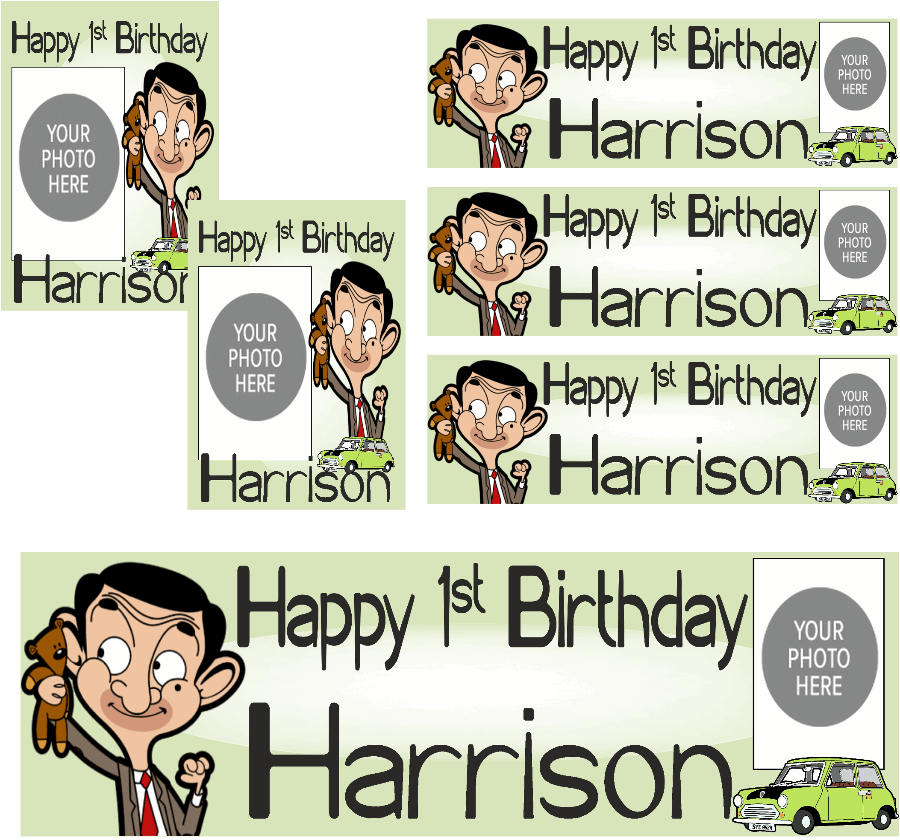 Personalised photo birthday banners and posters themed around Mr. Bean. Mr. Bean themed birthday posters and banners which can include photos. It's like having your own Mr. Bean-themed personal paparazzi! Capture all your hilarious moments with customized banners and posters. (Perfect for social media and future blackmail material.)