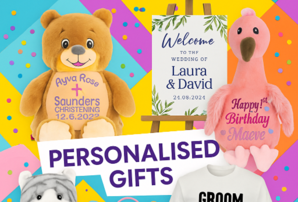 Vibrant assortment of personalised gifts including teddy bears, banners, and pyjamas for parties and special occasions.