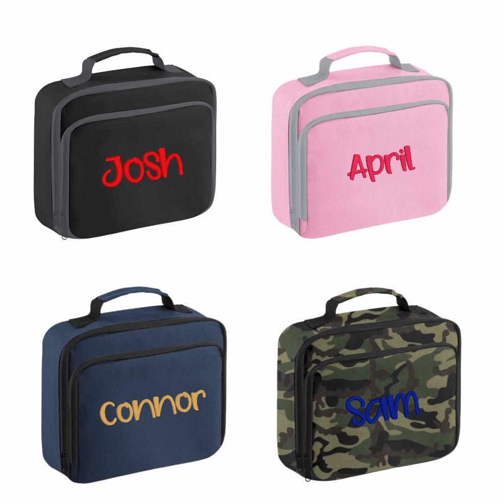 personalised name embroidery cooler lunch boxes in blue, pink, black and camo