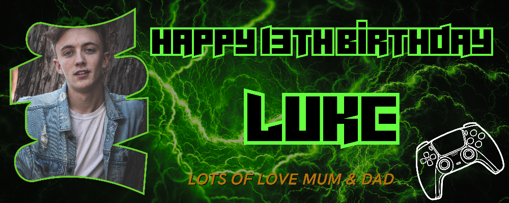A gaming-themed birthday banner featuring a photo of a male individual with the name 'Luca' on it, surrounded by green neon light graphics, game controller icons, and the text 'Happy 13th Birthday'.