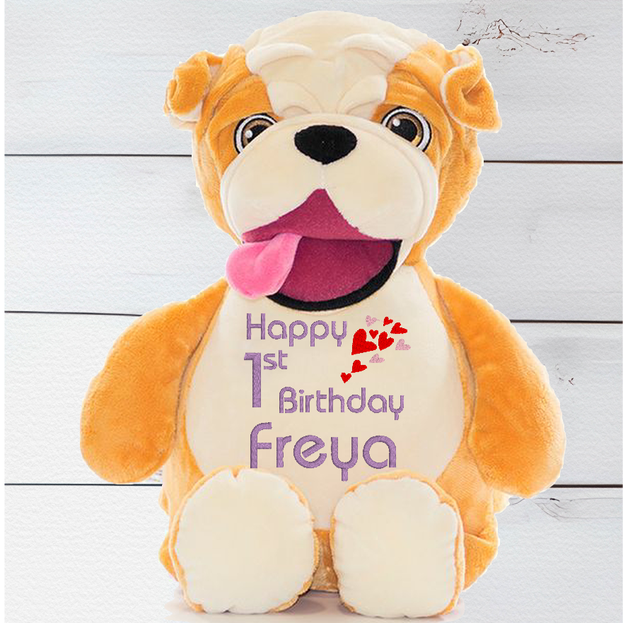 Personalised Cubbies Bulldog Teddy Bear Barcus McDribble with embroidered name
Barcus the Bulldog has an innovative zip construction that lets you take out the inner stuffing and easily toss him in the wash. With Barcus, it's a cinch to fill him with PJs and have a sleepover! At 13 inches in height, he's the perfect size.