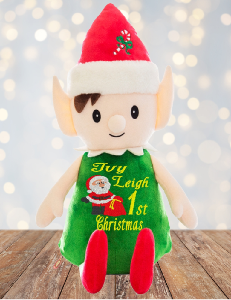 personalised elf teddy bear with embroidered name,” “custom Christmas plush gift,” “Cubbies elf bear.