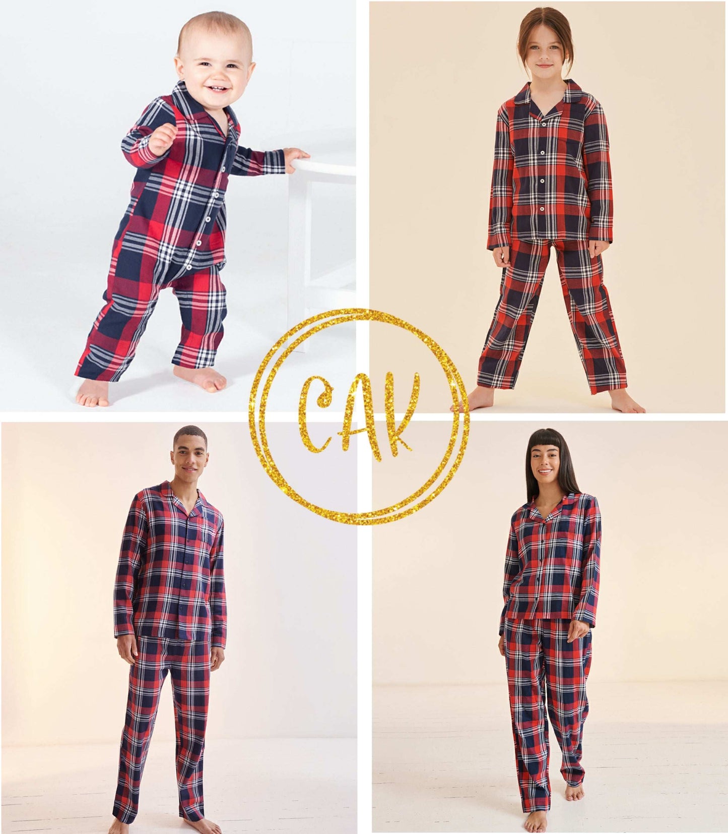 Matching Red, Blue & White Tartan Pyjama Sets - Monogram Personalised - CreationPartyShop
