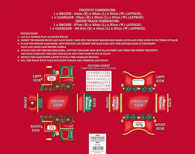 Santa Christmas Train & Carriage Gift Holder – Create festive magic with this 3D train-style gift holder featuring an engine and carriage sections, perfect for storing Christmas presents, sweets, or toys. Measuring approx. 89cm (L) x 30cm (W) x 44cm (H), it’s a standout Christmas display.