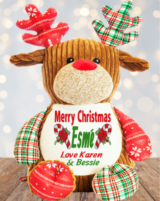 Personalised Embroidery Cubbies Christmas Tartan Reindeer Teddy Bear
