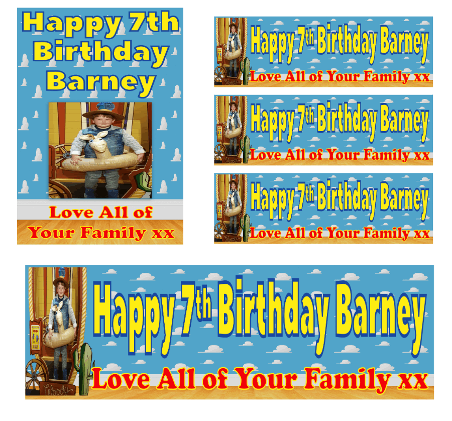 Personalised photo birthday banners and posters themed around Toy Story. Toy story themed posters and banners for that special birthday. Includes any image uploaded to your posters and banners. Let your birthday party be the talk of the town with these Toy Story themed posters and banners! Plus, you can customize them with any image you want - your options are endless!