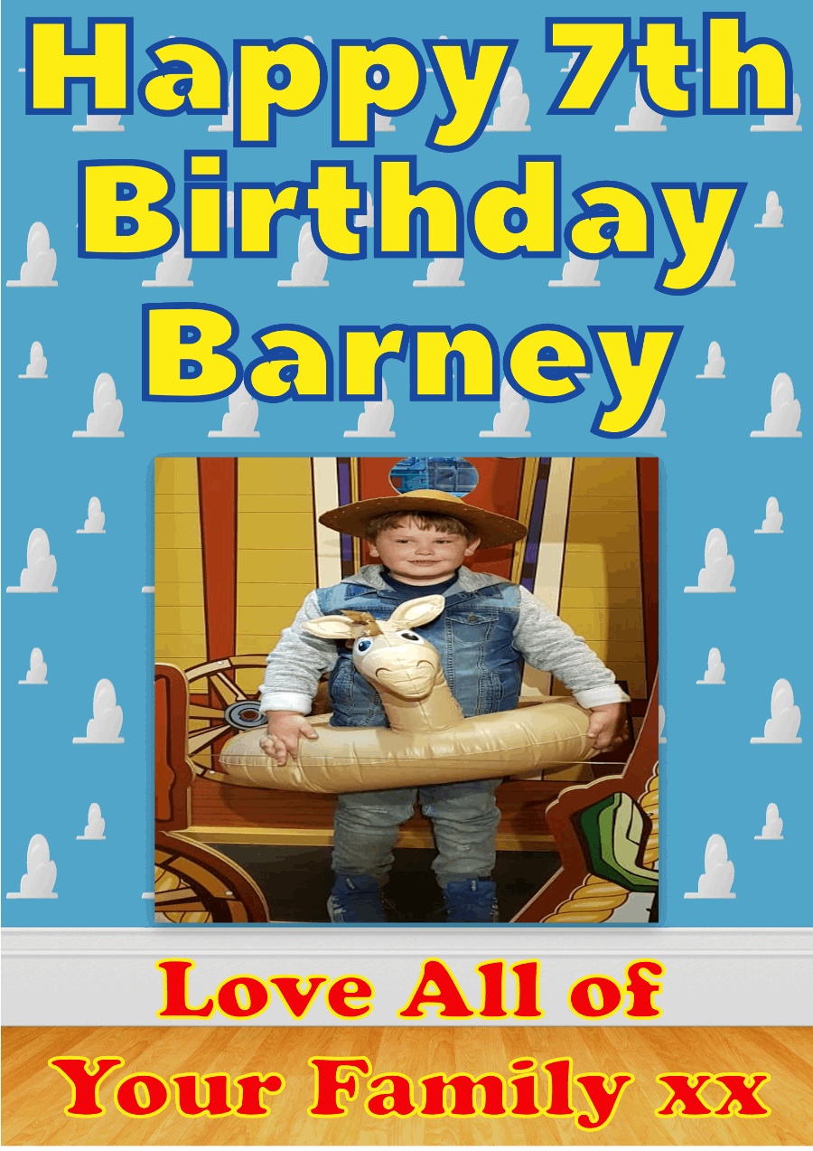 Personalised photo birthday banners and posters themed around Toy Story. Toy story themed posters and banners for that special birthday. Includes any image uploaded to your posters and banners. Let your birthday party be the talk of the town with these Toy Story themed posters and banners! Plus, you can customize them with any image you want - your options are endless!