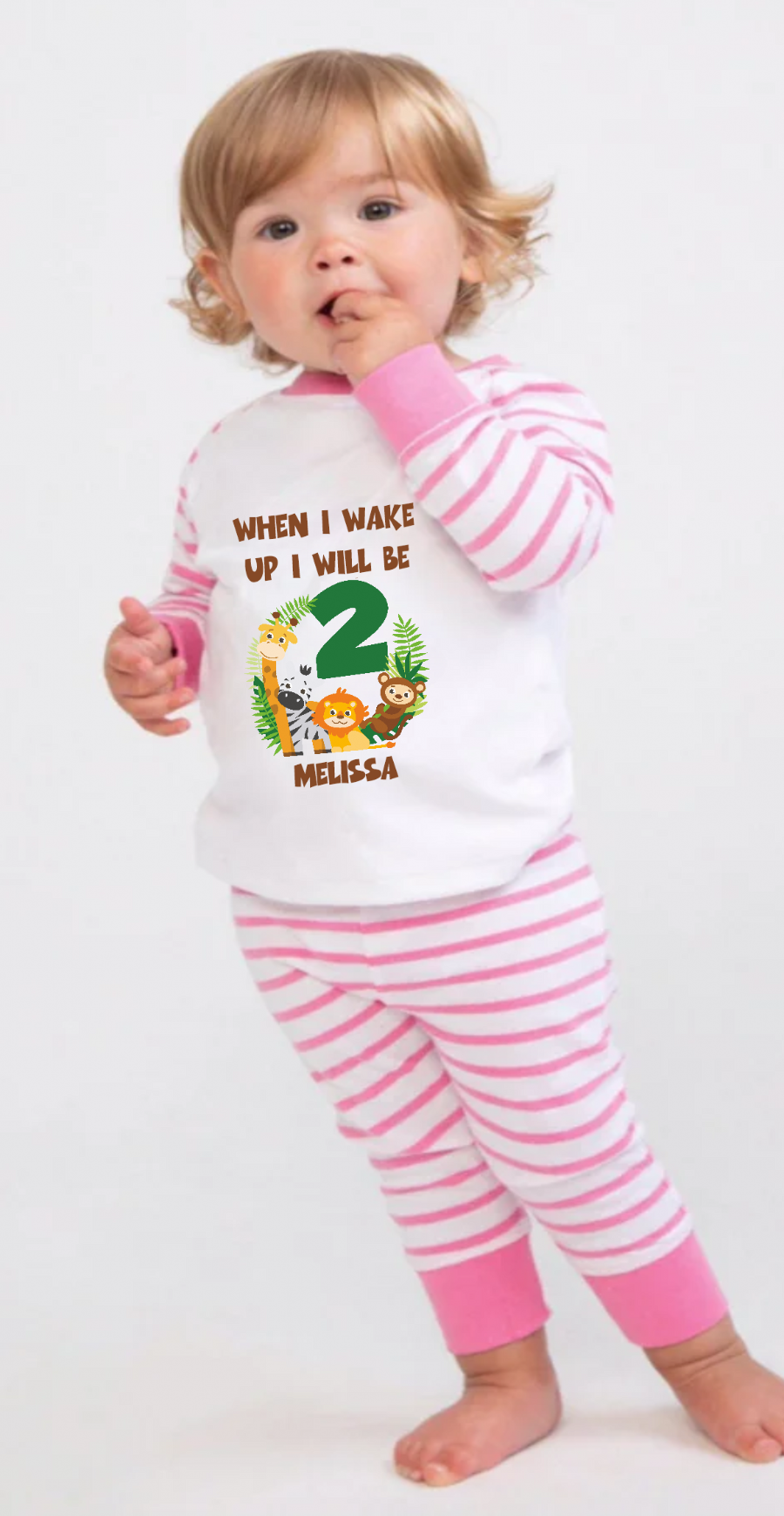 Cute Zoo Animal themed When I Wake Up girls pyjamas for that special birthday. Give your child the gift of cosiness and cuteness for their special birthday. These pyjamas are perfect for the night before there birthday! Not only will your child feel snuggly and warm, but they'll also look adorably stylish in these themed PJ's. No other gift can compete! Made from 100% Cotton, Sizing from 0-6 Months to 3/4 Years. Personalisation included Free of Charge.