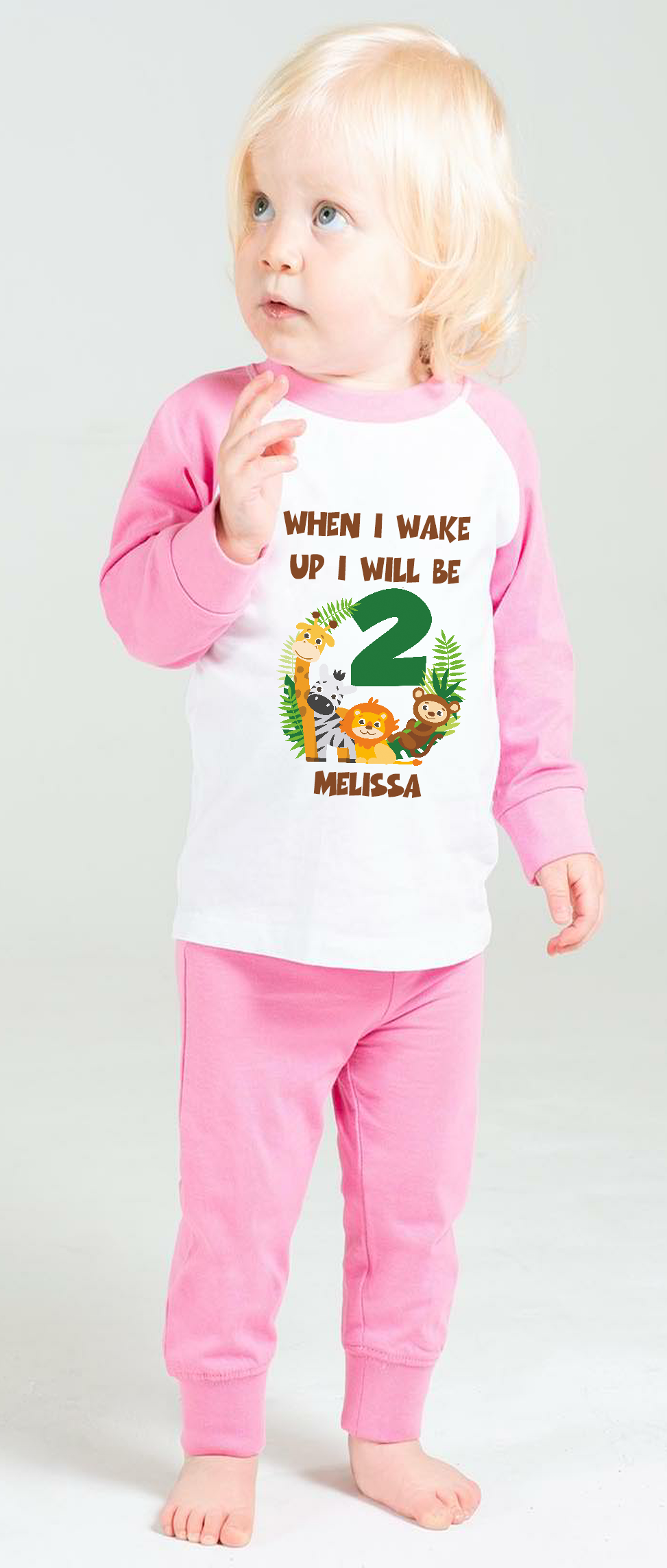 Cute Zoo Animal themed When I Wake Up girls pyjamas for that special birthday. Give your child the gift of cosiness and cuteness for their special birthday. These pyjamas are perfect for the night before there birthday! Not only will your child feel snuggly and warm, but they'll also look adorably stylish in these themed PJ's. No other gift can compete! Made from 100% Cotton, Sizing from 0-6 Months to 3/4 Years. Personalisation included Free of Charge.
