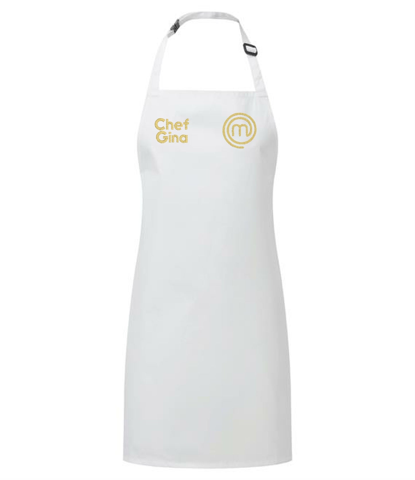 Personalised White MasterChef apron with custom name embroidery UK